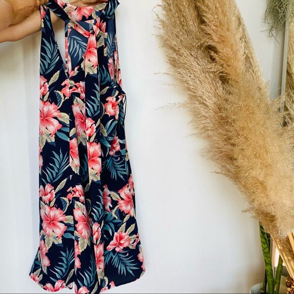 SHEIN Navy Blue Pink Floral Palm Tropical Print Tank Top Mini Halter Dress S - Picture 4 of 7